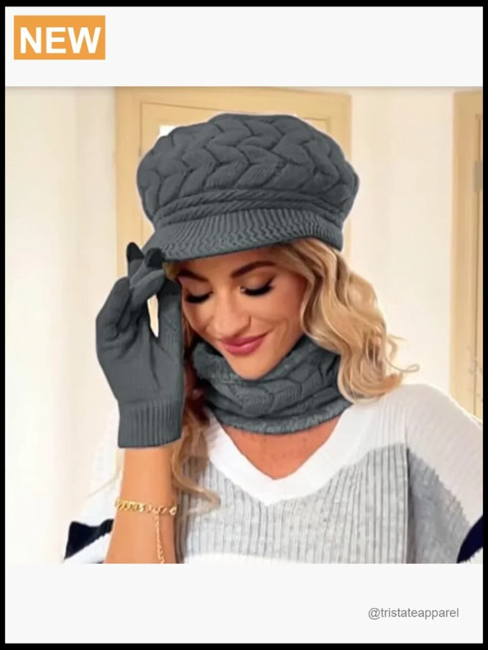 3-Piece Knit Hat Gloves Scarf Set Touch Screen Mittens Winter Beanie Neck Warmer